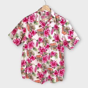 Sir 7 Hawaiian Shirt Mens XL 100% Cotton Aloha Beach Pink White Short Sleeve